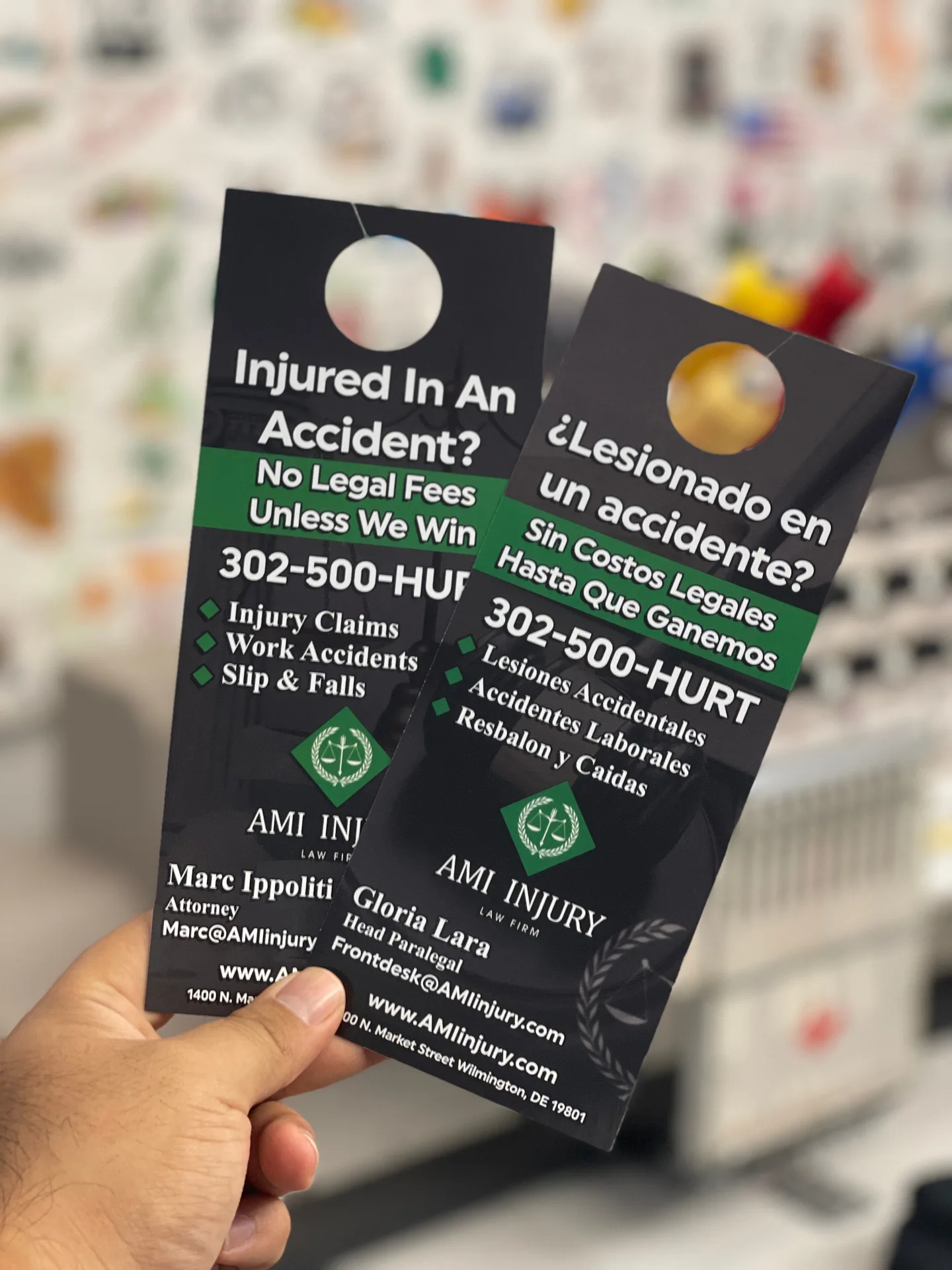 Professional door hangers for AMI Legal services in Delaware