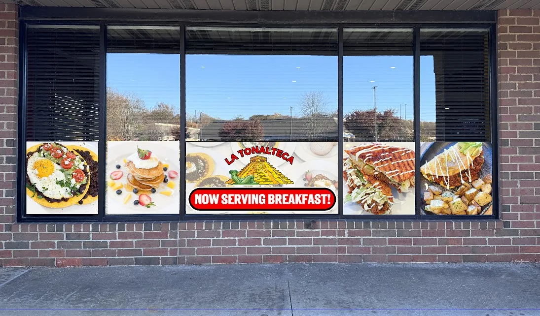 Storefront breakfast menu window graphics for La Tonalteca restaurant