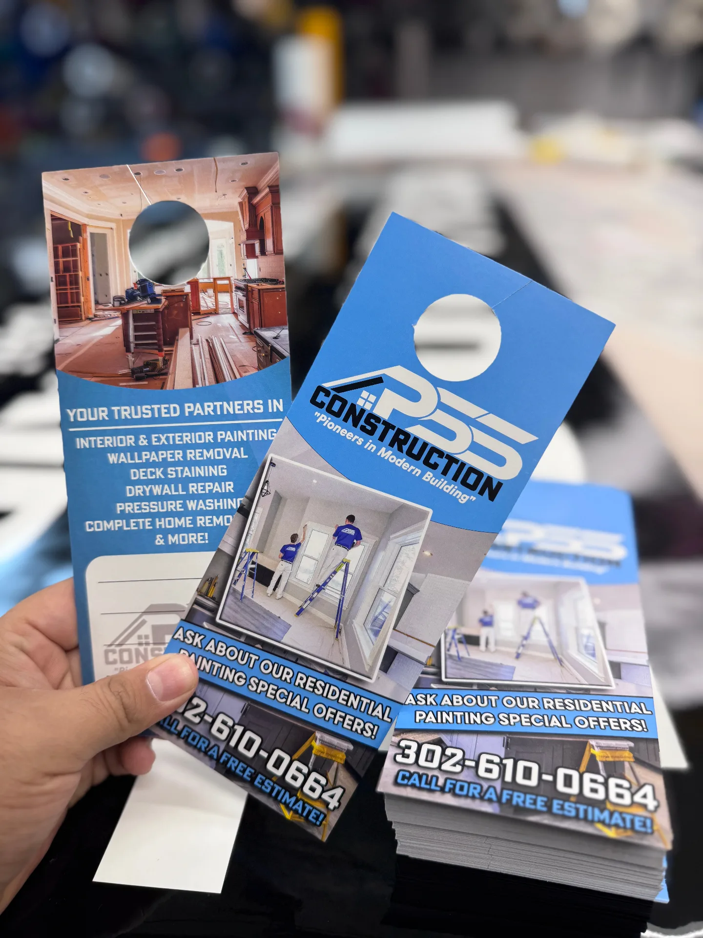 Door hangers for PSS Construction marketing in Delaware