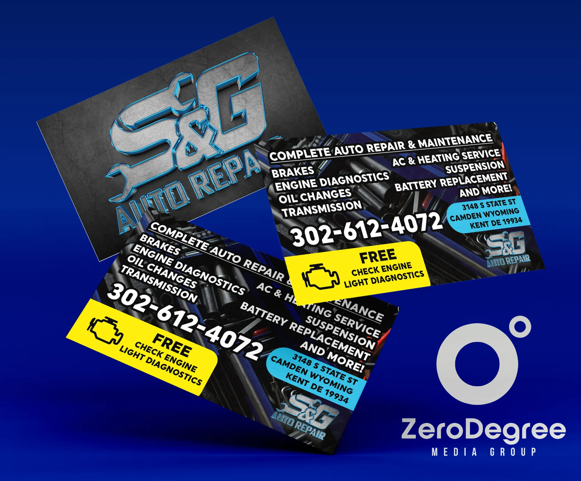 SG Auto Repair custom branded business cards and materials in Delaware